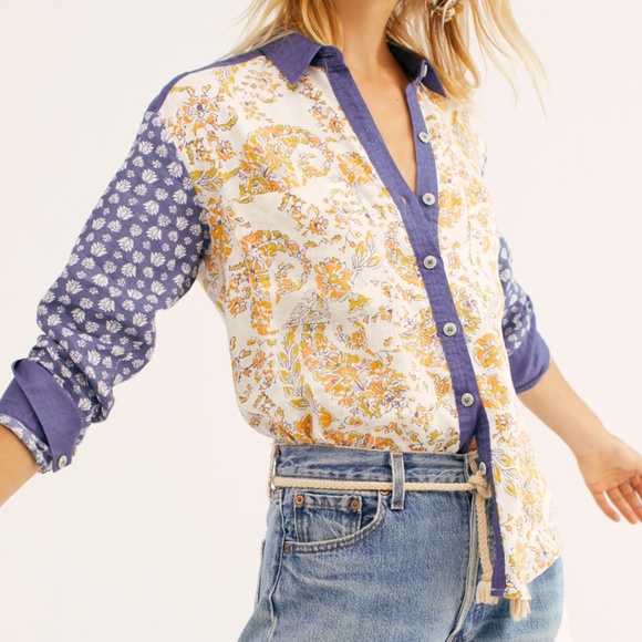 We The Free Moroccan Midnight Buttondown Top Navy Combo sz S NWT $128R - Picture 2 of 6